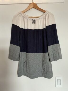 Banana Republic Cream Navy Gray Colorblock Nautical Boat Neck Tunic Sweater